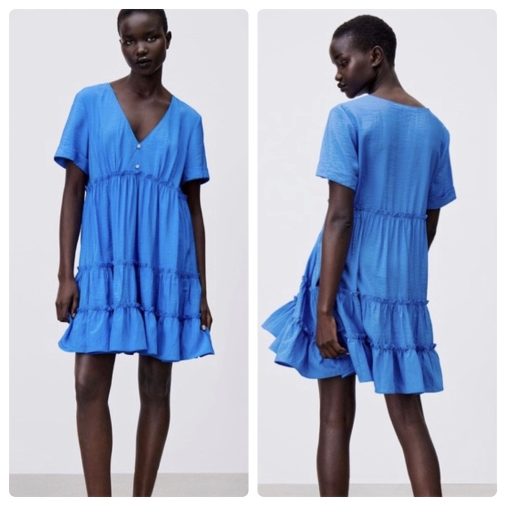 Zara Tiered Ruffle Mini Dress Bright Blue Embellished Size XS.